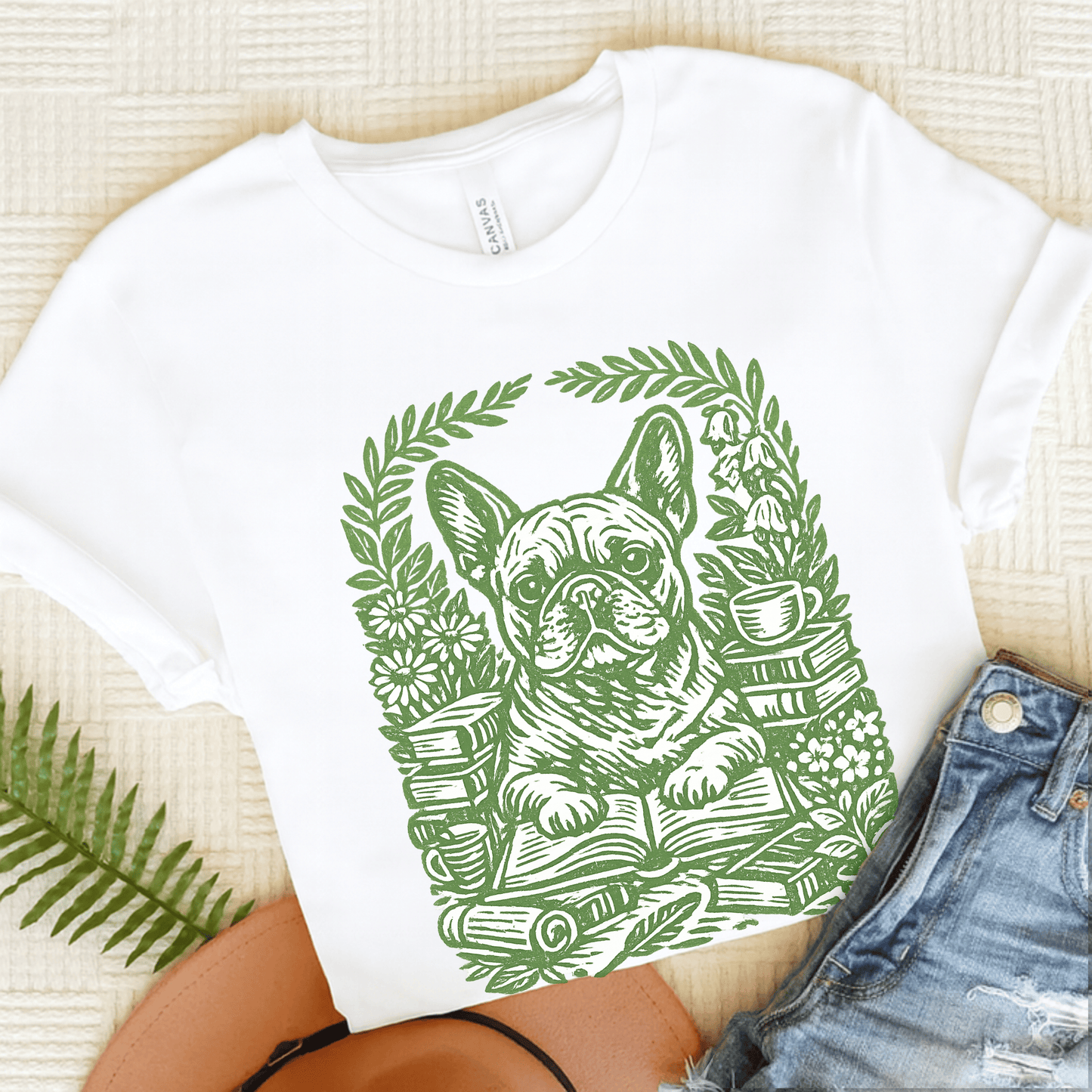 French Bulldog Linocut Bookclub Unisex TShirt White
