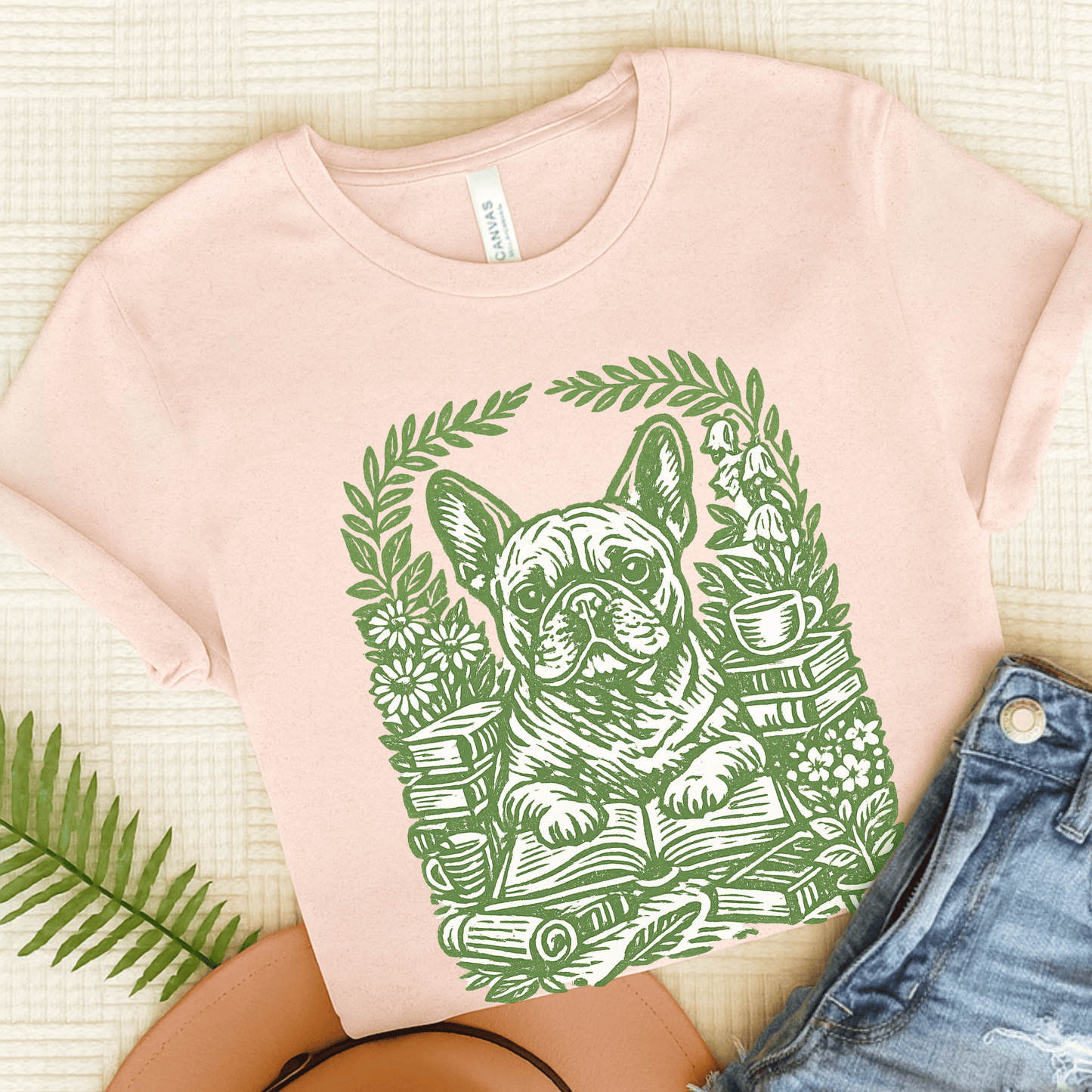 French Bulldog Linocut Bookclub Unisex TShirt Soft Pink
