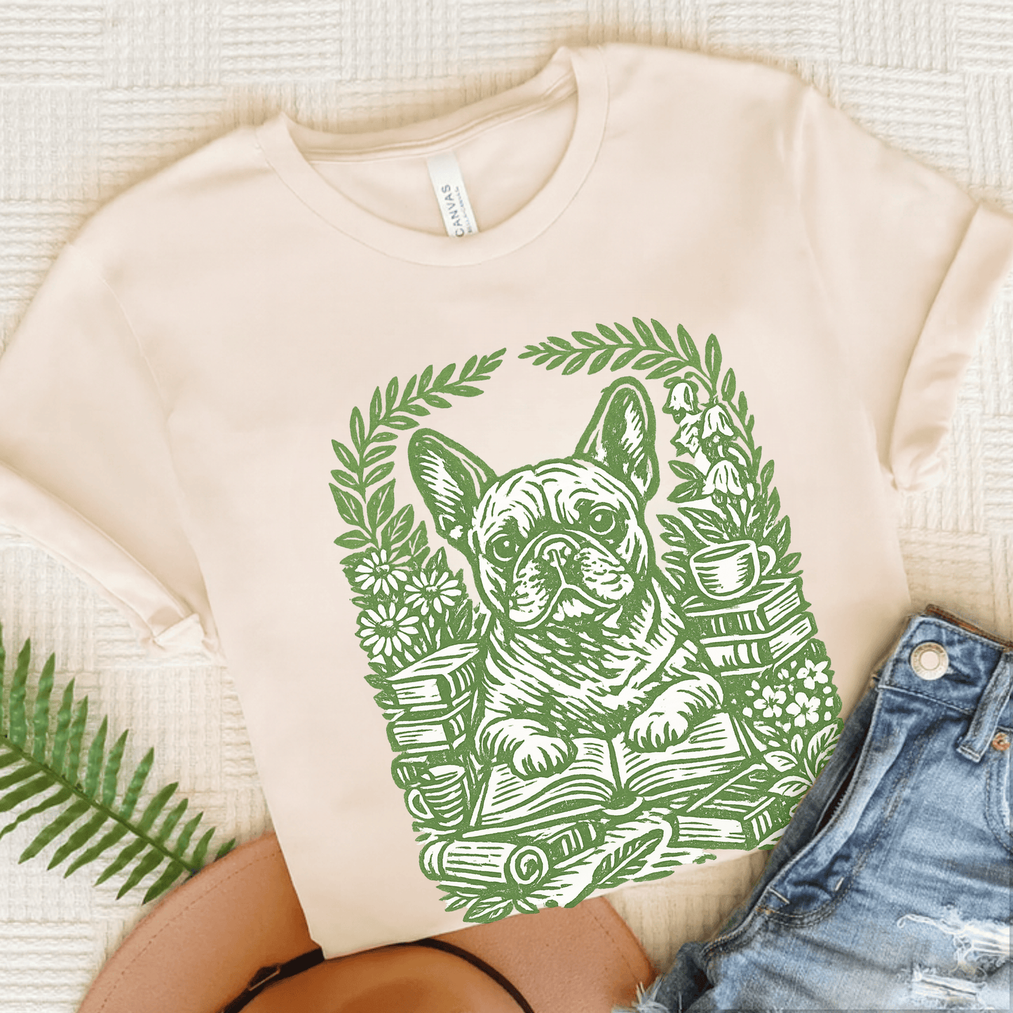 French Bulldog Linocut Bookclub Unisex TShirt Natural