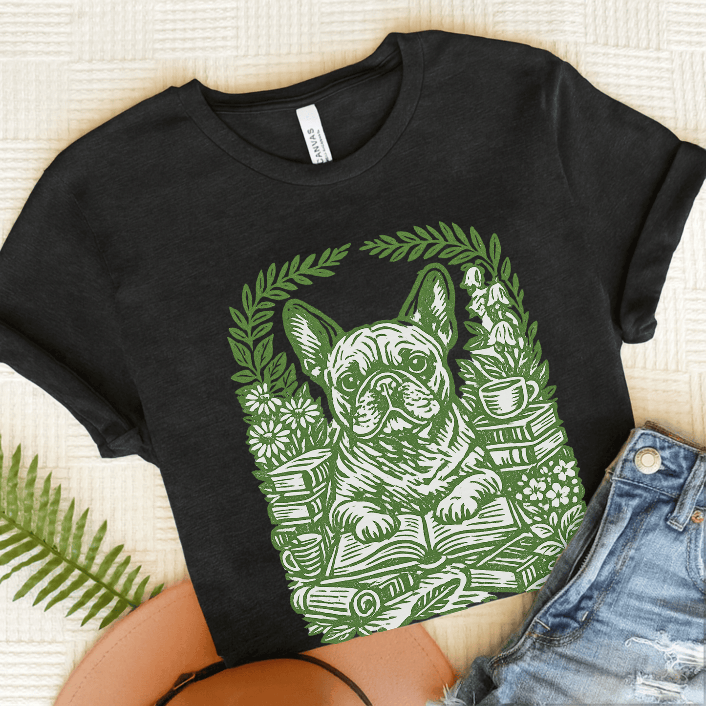 French Bulldog Linocut Bookclub Unisex TShirt Dark Grey Heather