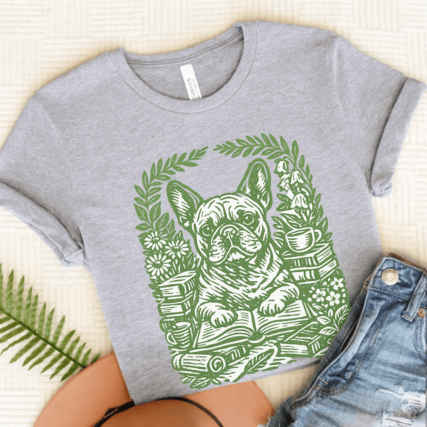French Bulldog Linocut Bookclub Unisex TShirt Athletic Heather