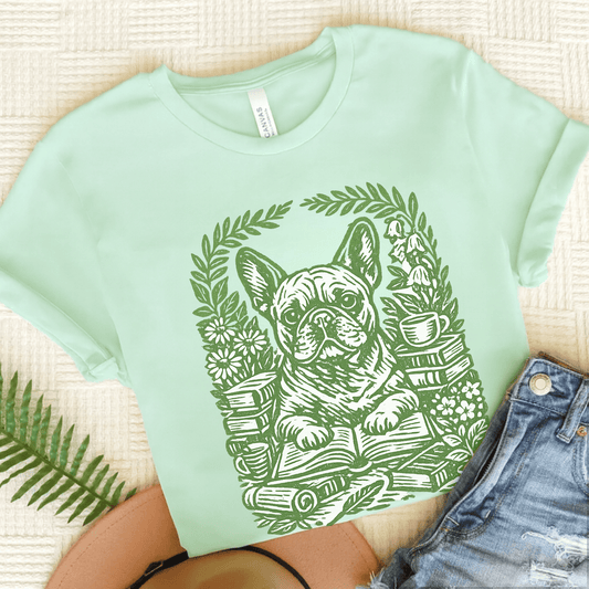 French Bulldog Linocut Bookclub Unisex TShirt Heather Mint