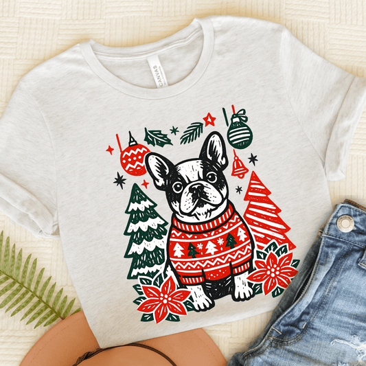 French Bulldog Linocut Christmas Unisex TShirt Ash