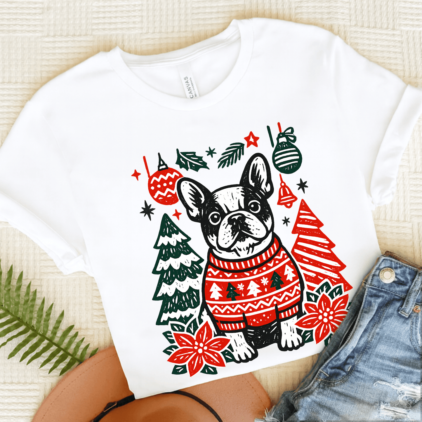 French Bulldog Linocut Christmas Unisex TShirt White