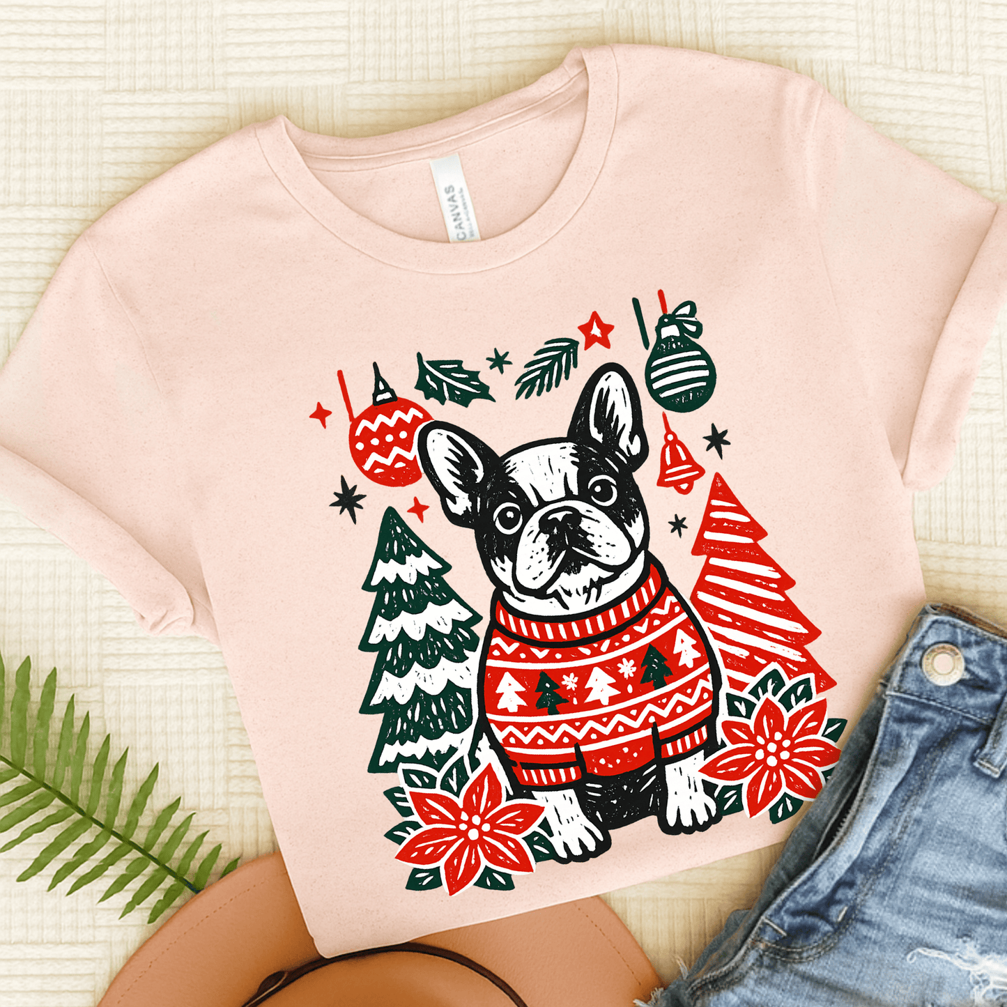 French Bulldog Linocut Christmas Unisex TShirt Soft Pink