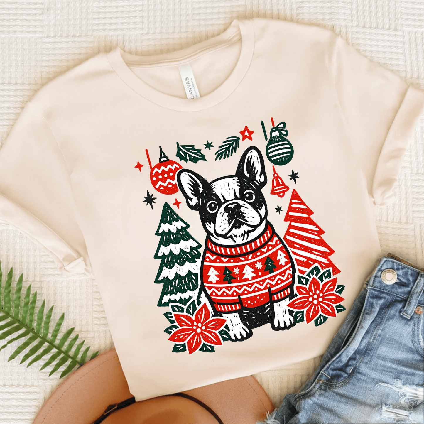 French Bulldog Linocut Christmas Unisex TShirt Natural