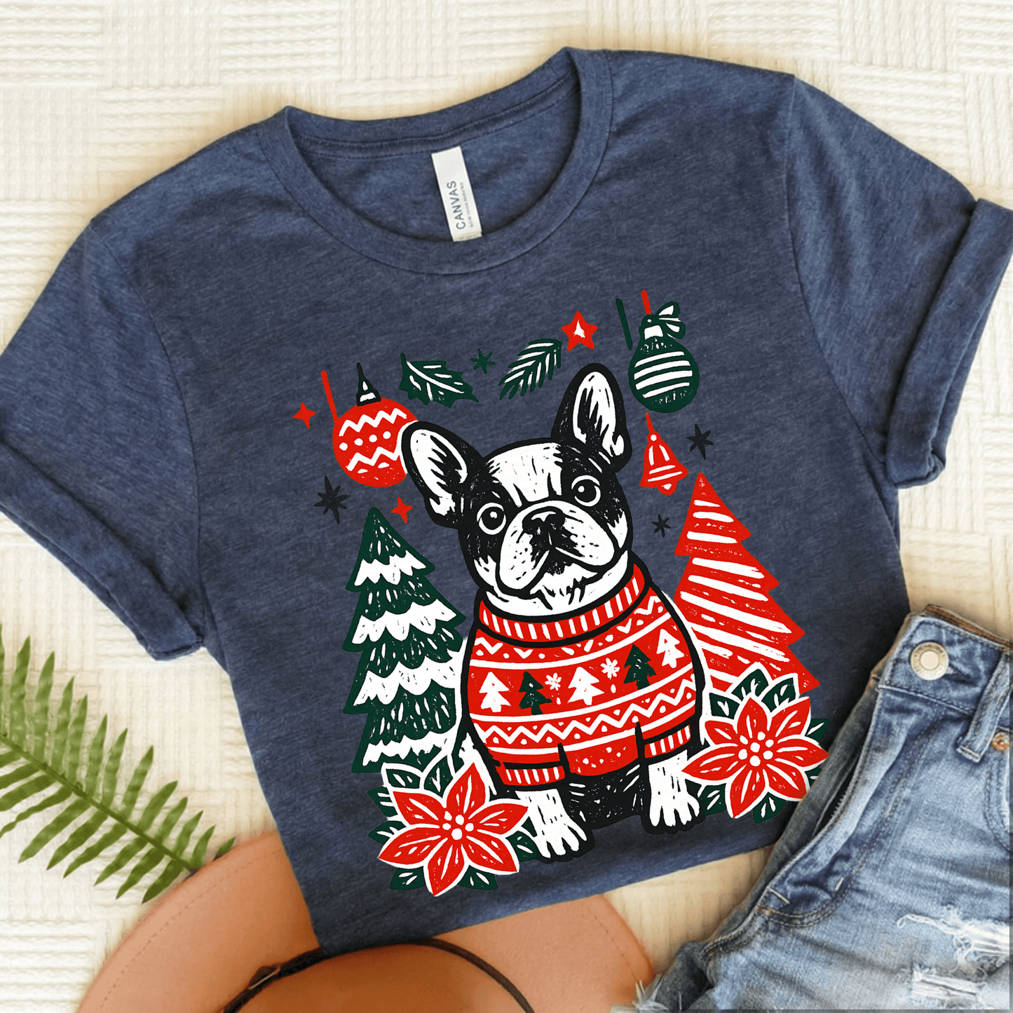 French Bulldog Linocut Christmas Unisex TShirt Heather Navy