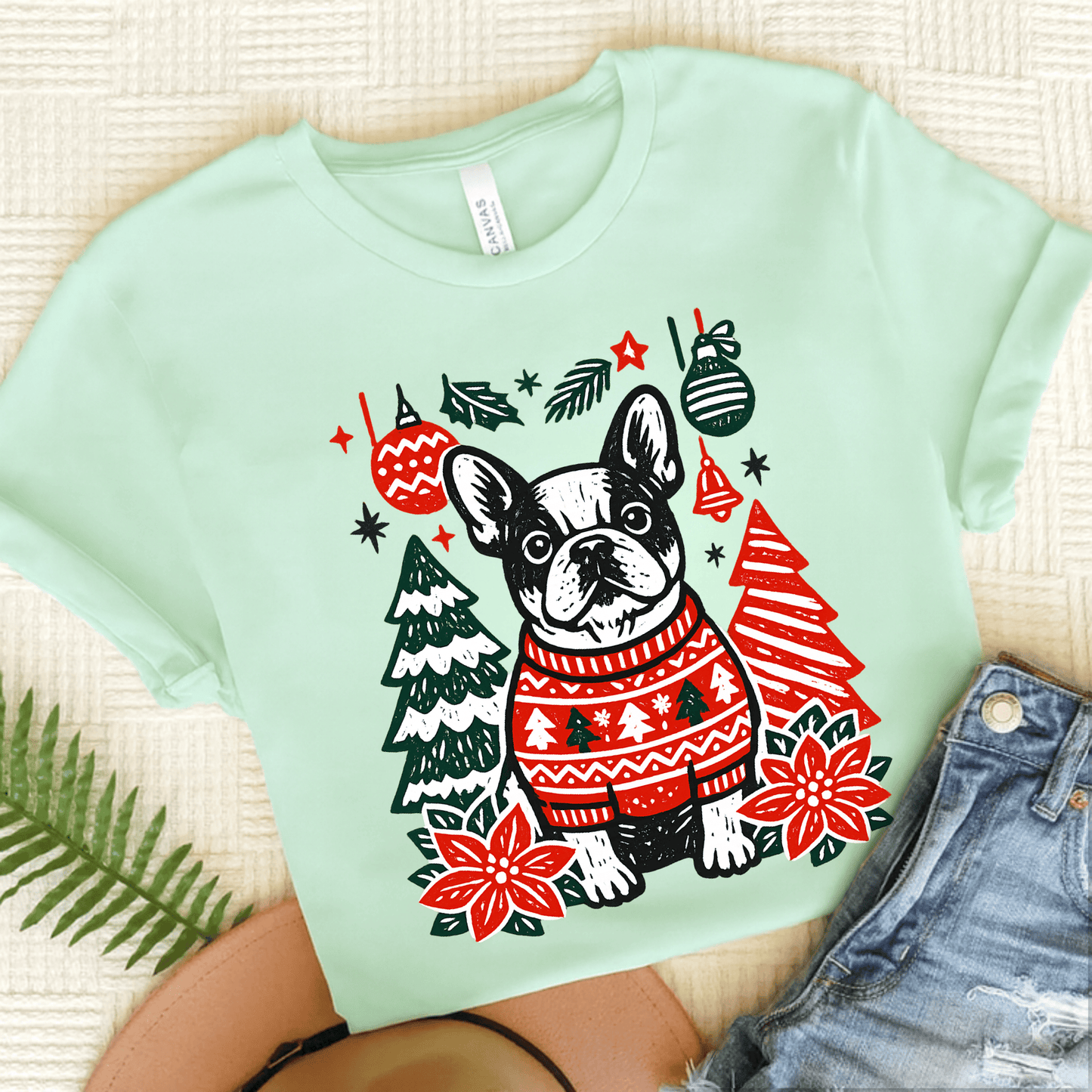 French Bulldog Linocut Christmas Unisex TShirt Heather Mint