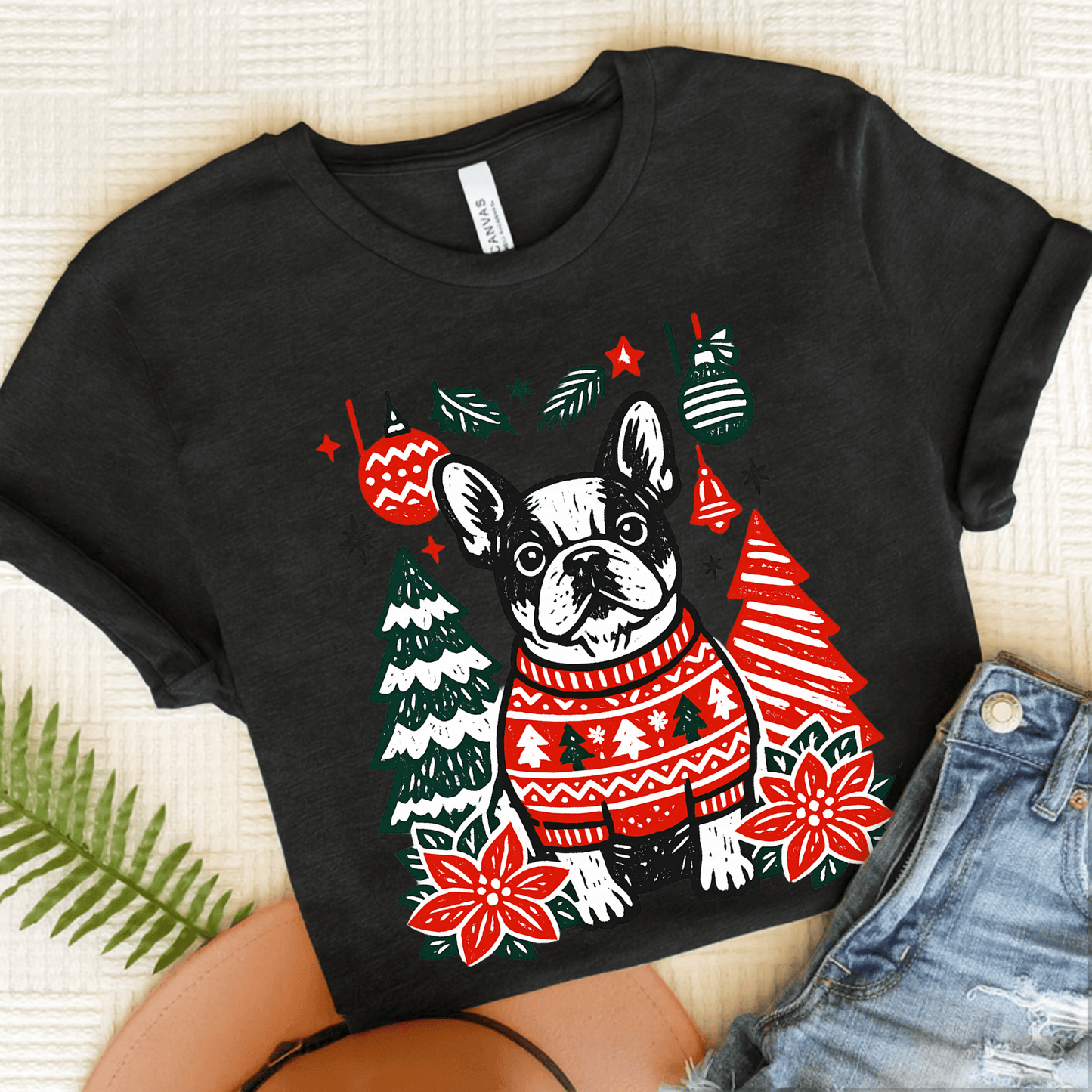 French Bulldog Linocut Christmas Unisex TShirt Dark Grey Heather