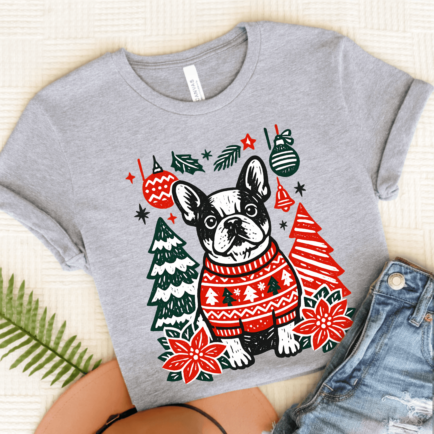 French Bulldog Linocut Christmas Unisex TShirt Athletic Heather