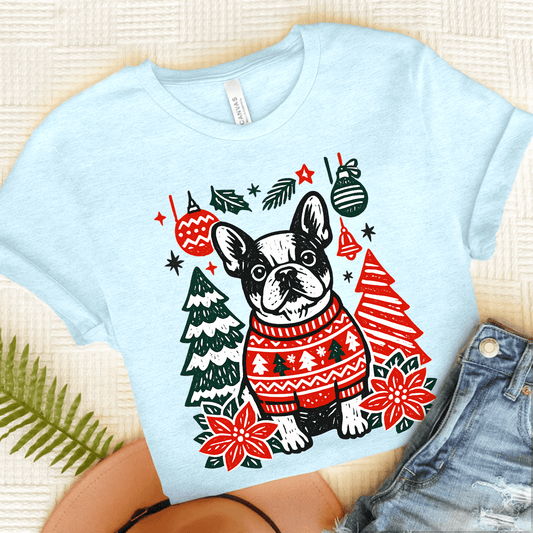 French Bulldog Linocut Christmas Unisex TShirt Heather Ice Blue