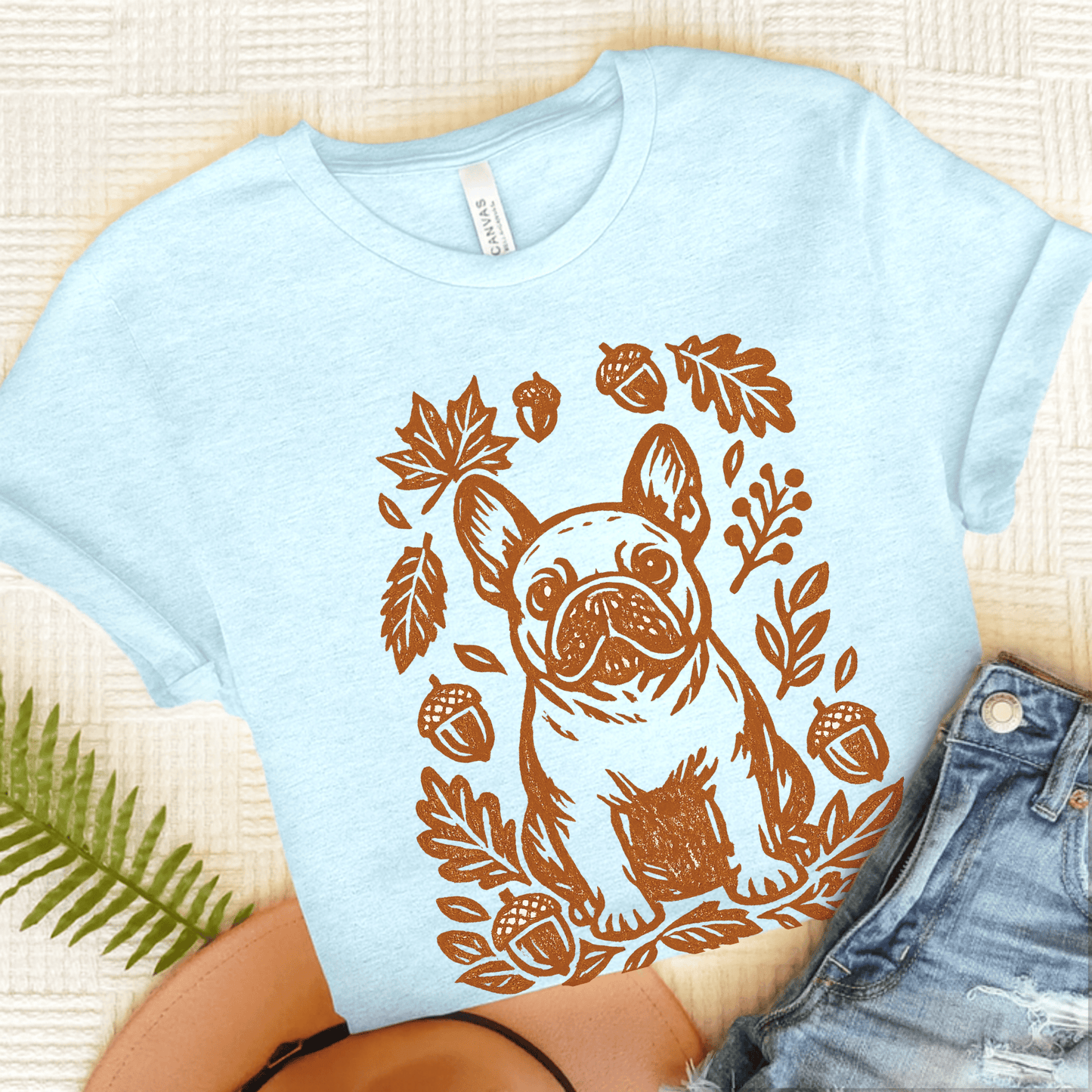 French Bulldog Linocut Fall Leaves Unisex TShirt Heather Ice Blue