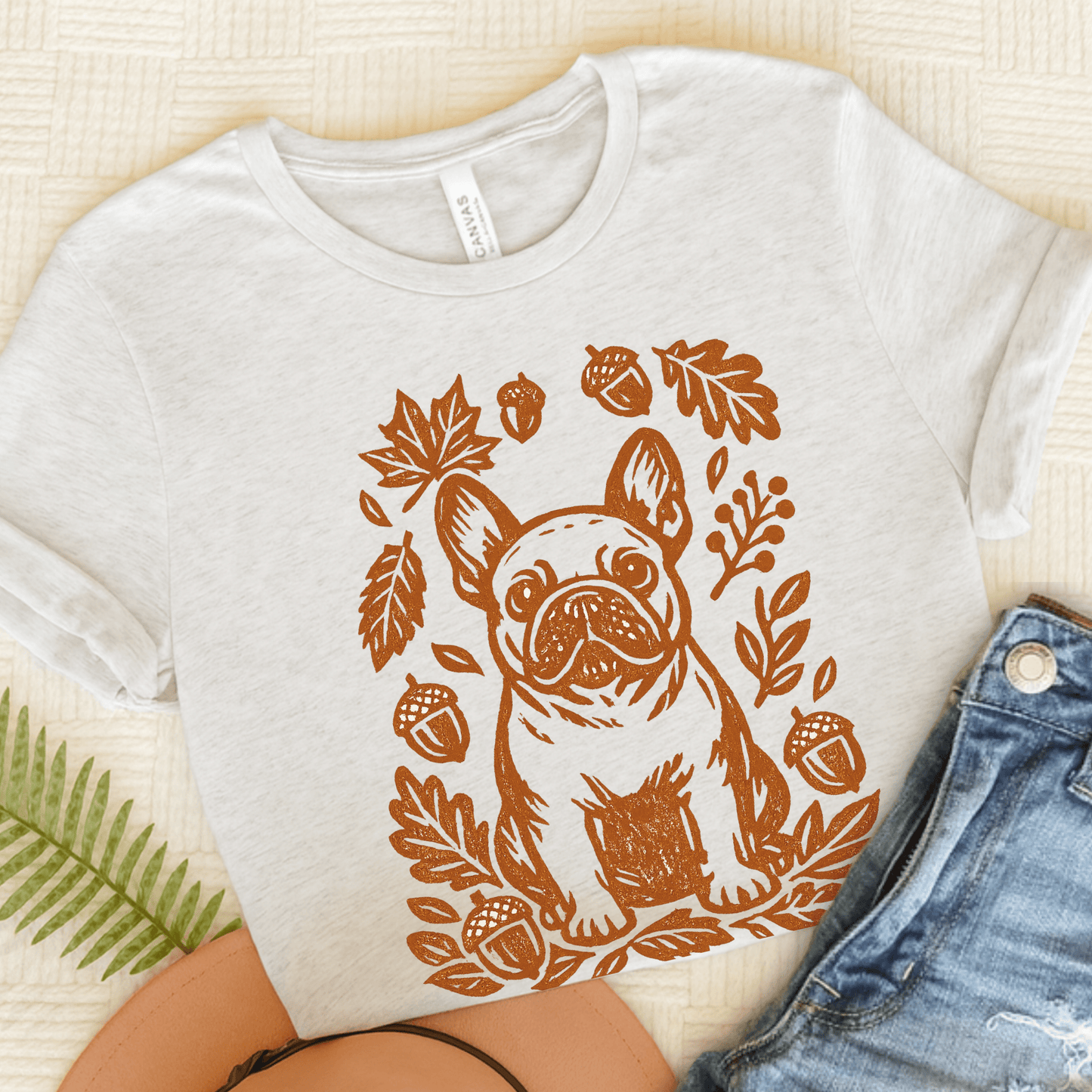 French Bulldog Linocut Fall Leaves Unisex TShirt Ash