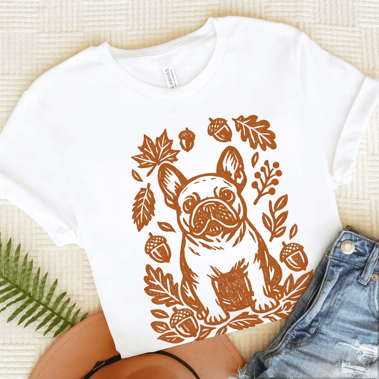 French Bulldog Linocut Fall Leaves Unisex TShirt White