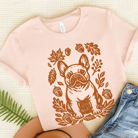 French Bulldog Linocut Fall Leaves Unisex TShirt Soft Pink