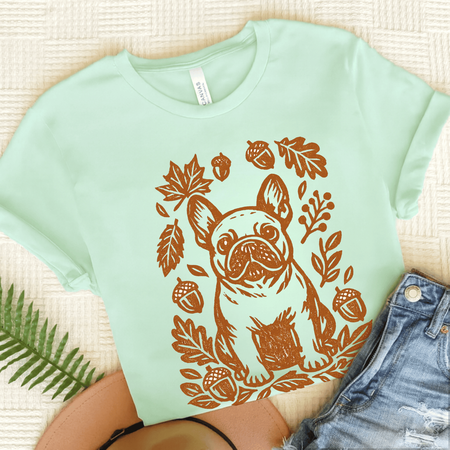 French Bulldog Linocut Fall Leaves Unisex TShirt Heather Mint