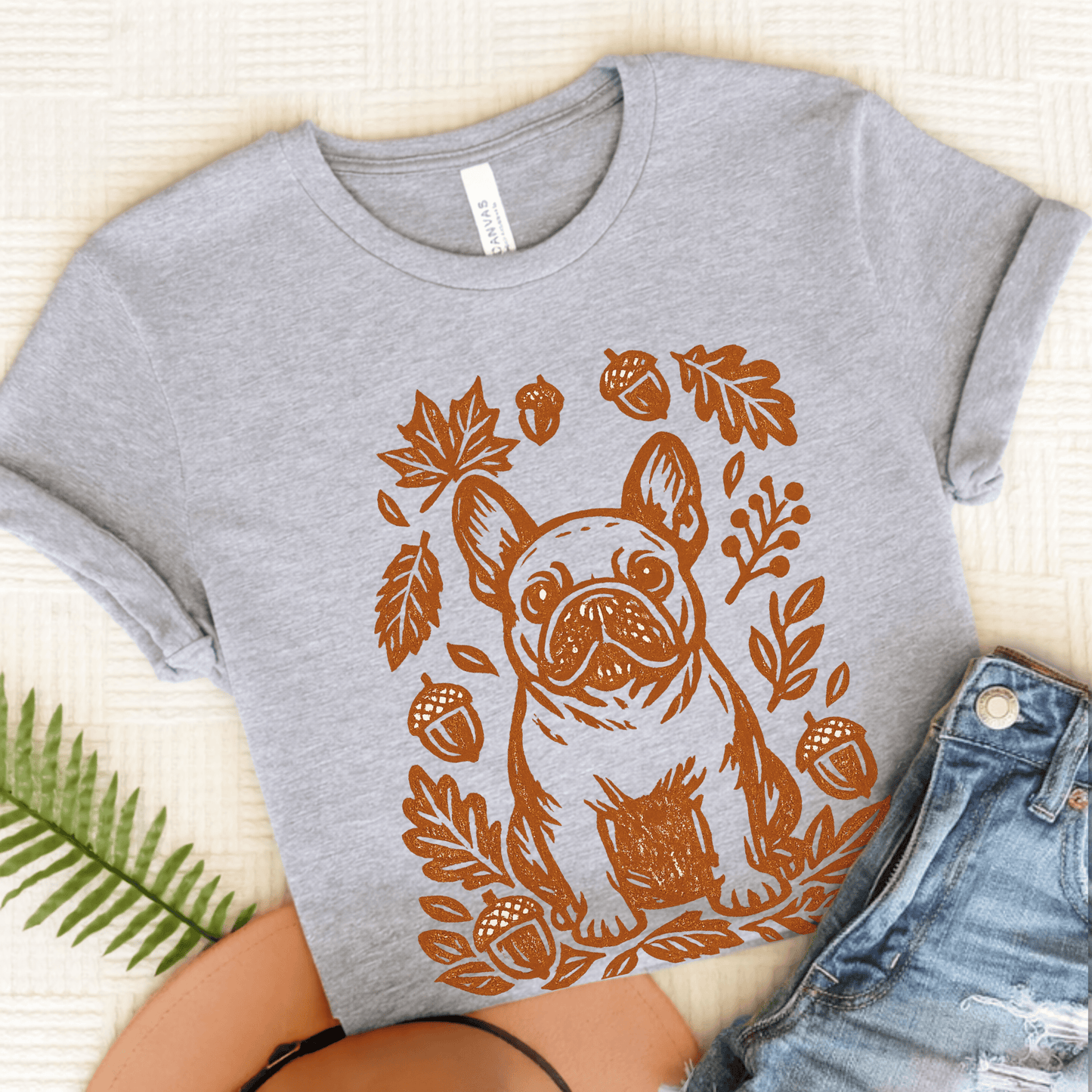 French Bulldog Linocut Fall Leaves Unisex TShirt Athletic Heather