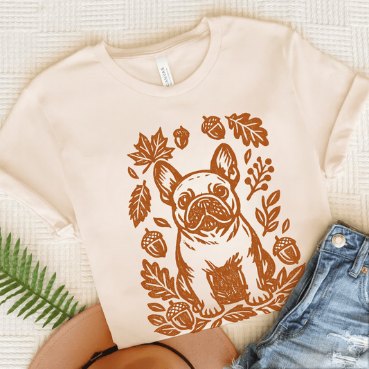 French Bulldog Linocut Fall Leaves Unisex TShirt Natural