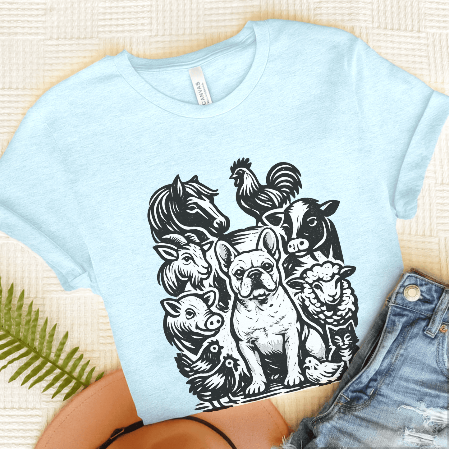 French Bulldog Linocut Farm Animals Unisex TShirt Heather Ice Blue