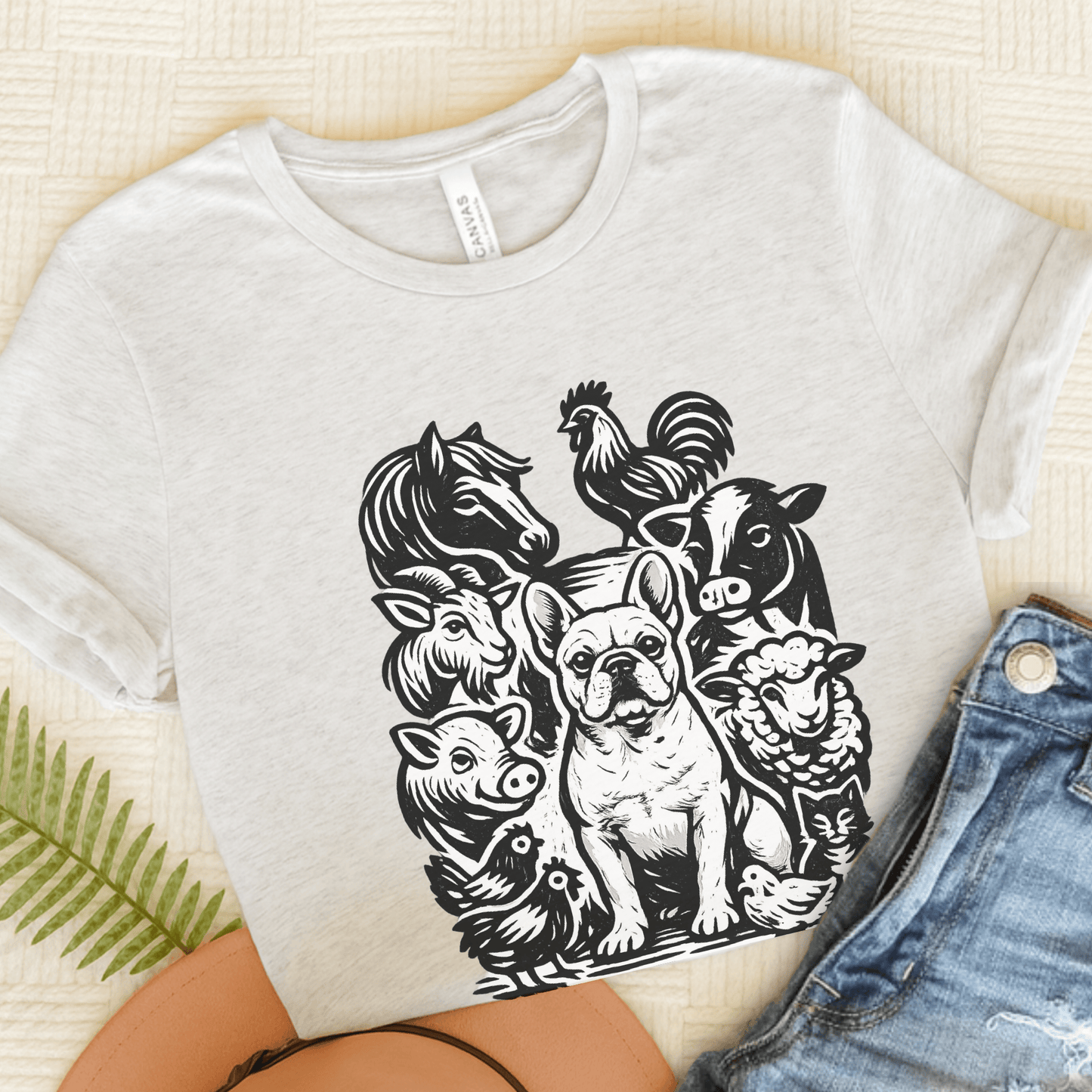 French Bulldog Linocut Farm Animals Unisex TShirt Ash