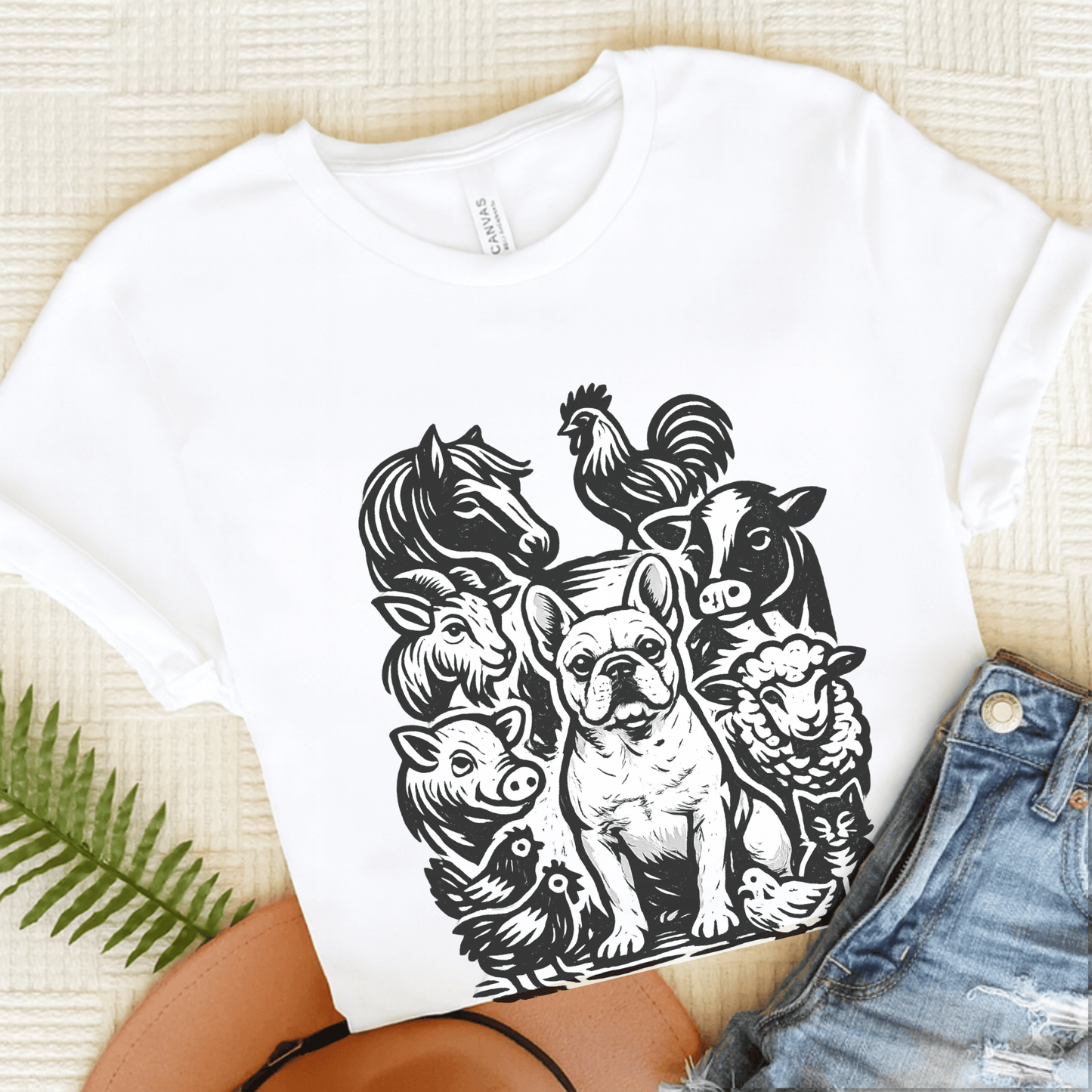 French Bulldog Linocut Farm Animals Unisex TShirt White