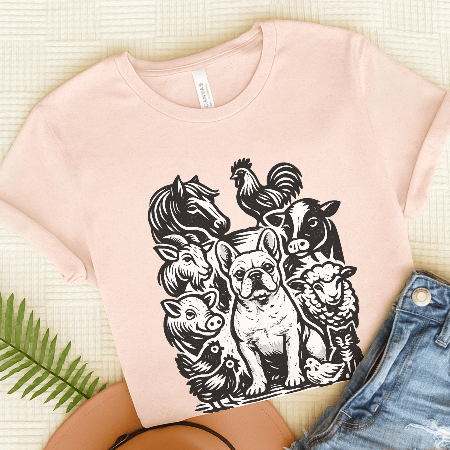 French Bulldog Linocut Farm Animals Unisex TShirt Soft Pink