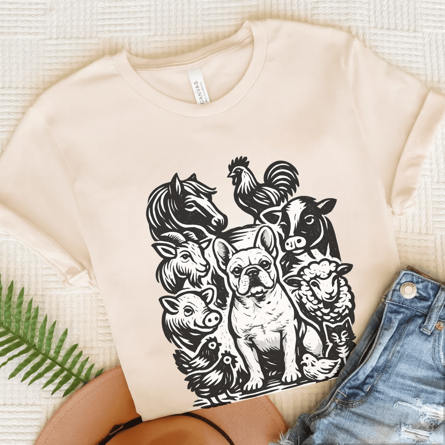 French Bulldog Linocut Farm Animals Unisex TShirt Natural