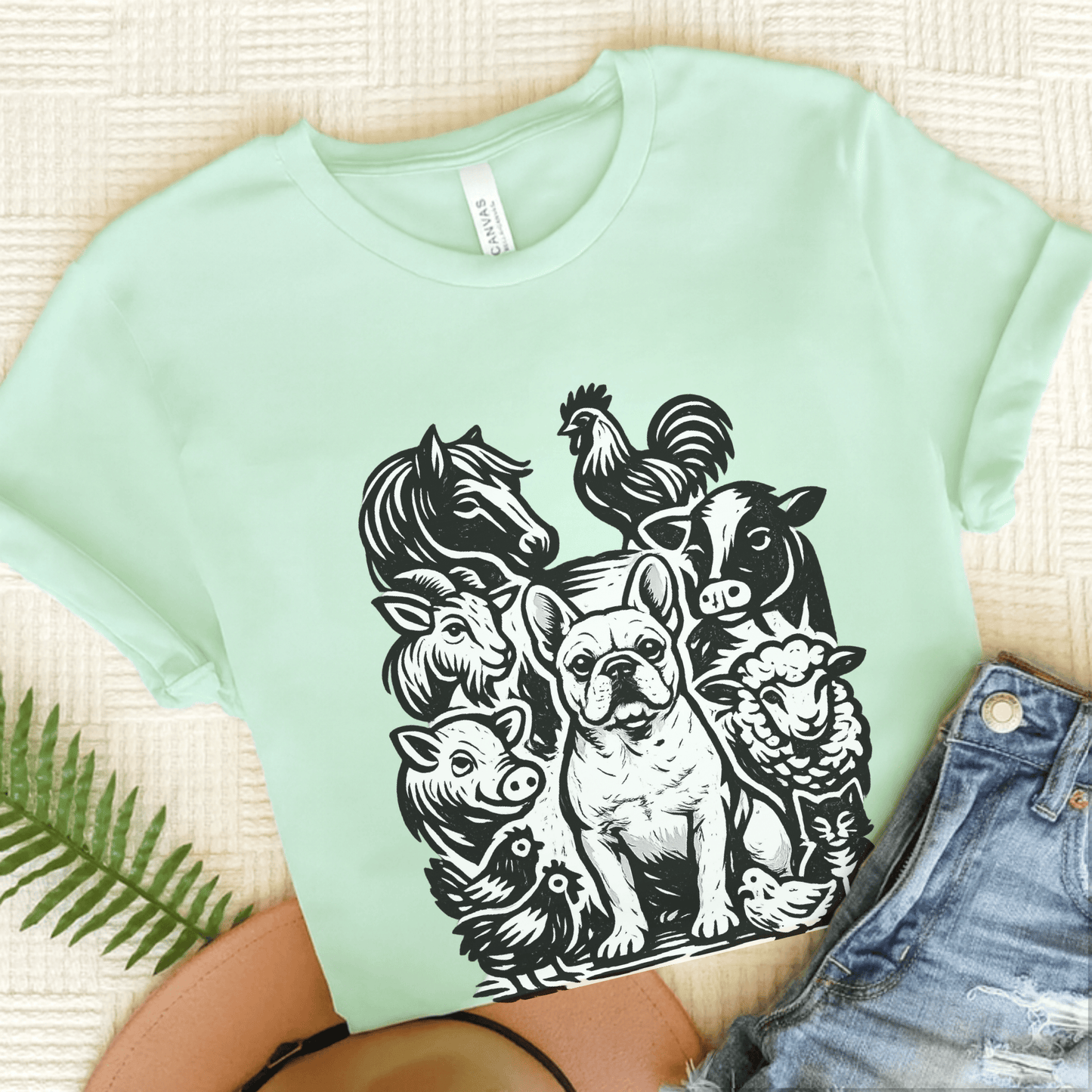 French Bulldog Linocut Farm Animals Unisex TShirt Heather Mint