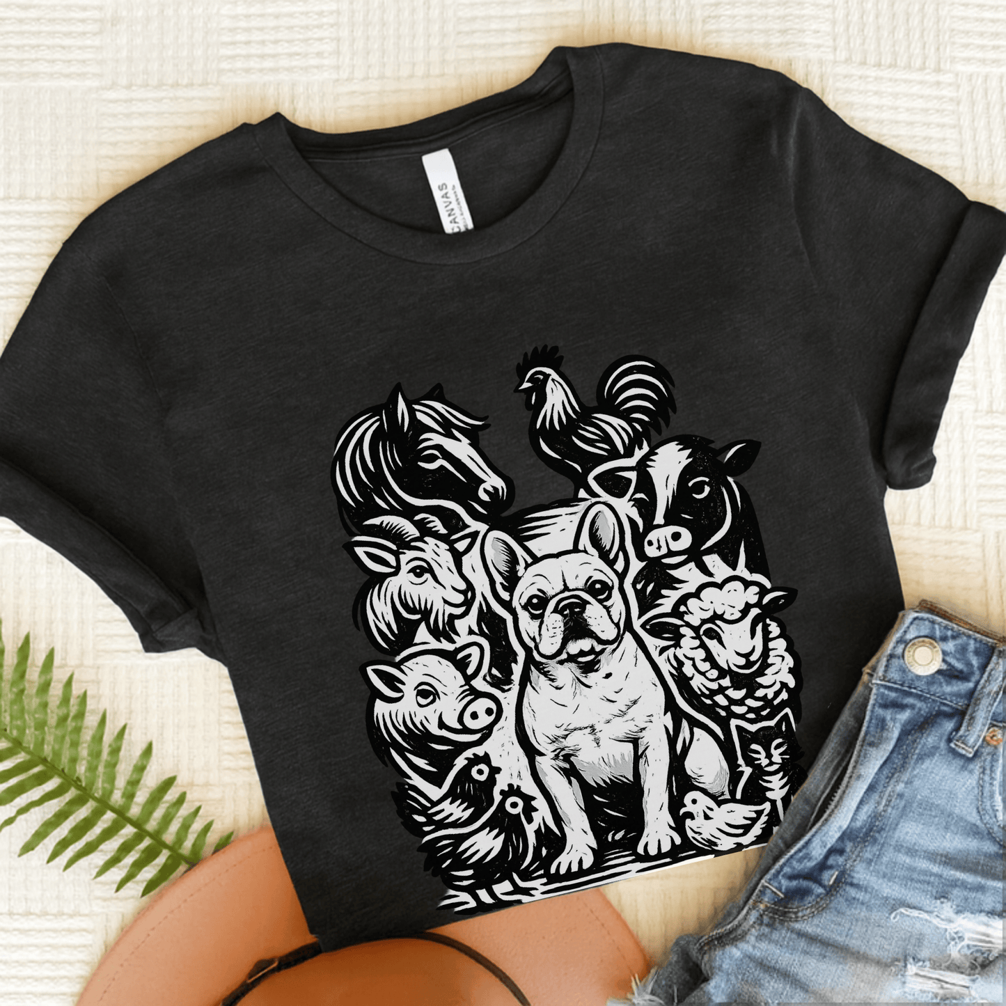 French Bulldog Linocut Farm Animals Unisex TShirt Dark Grey Heather