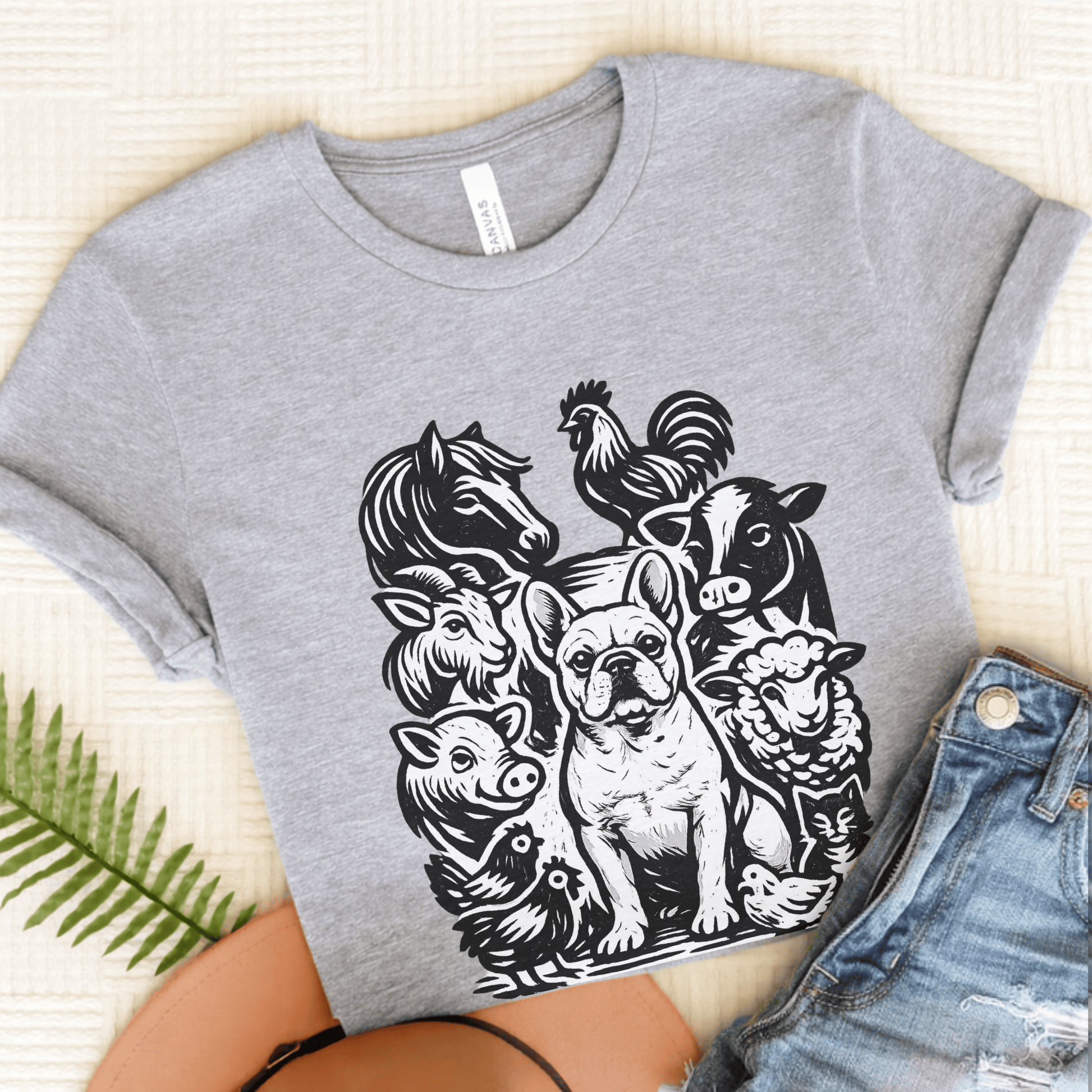 French Bulldog Linocut Farm Animals Unisex TShirt Athletic Heather
