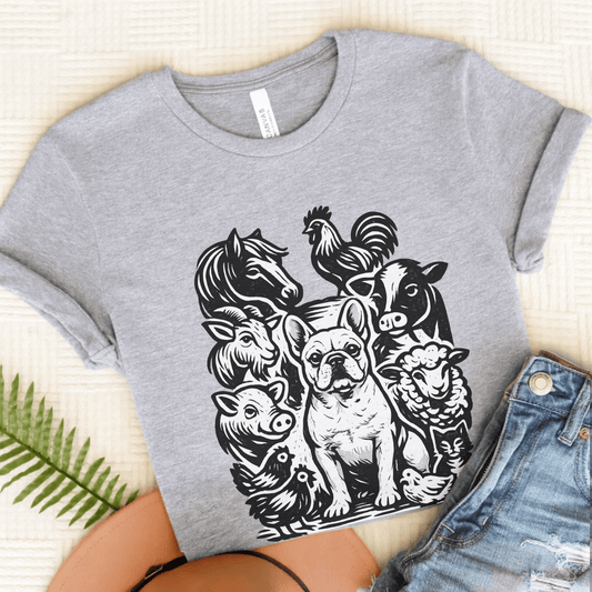 French Bulldog Linocut Farm Animals Unisex TShirt Athletic Heather