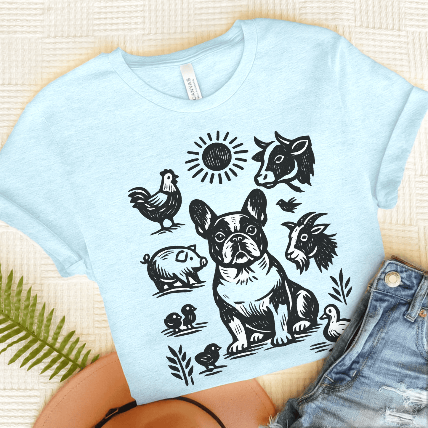 French Bulldog Linocut Farm Animals Unisex TShirt Heather Ice Blue