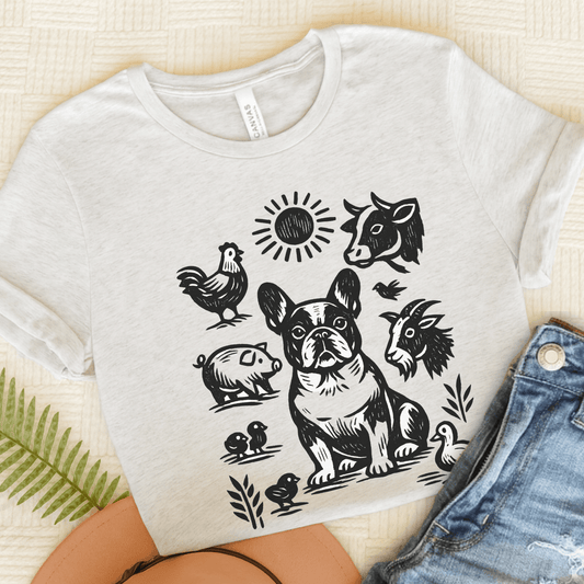 French Bulldog Linocut Farm Animals Unisex TShirt Ash