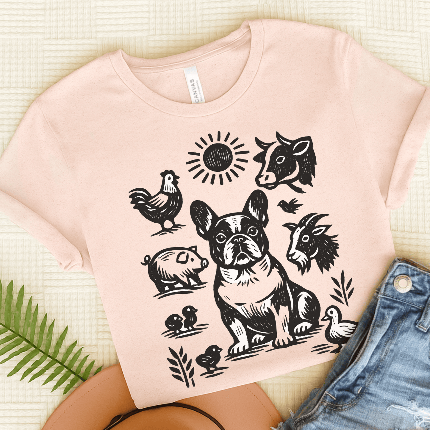French Bulldog Linocut Farm Animals Unisex TShirt Soft Pink