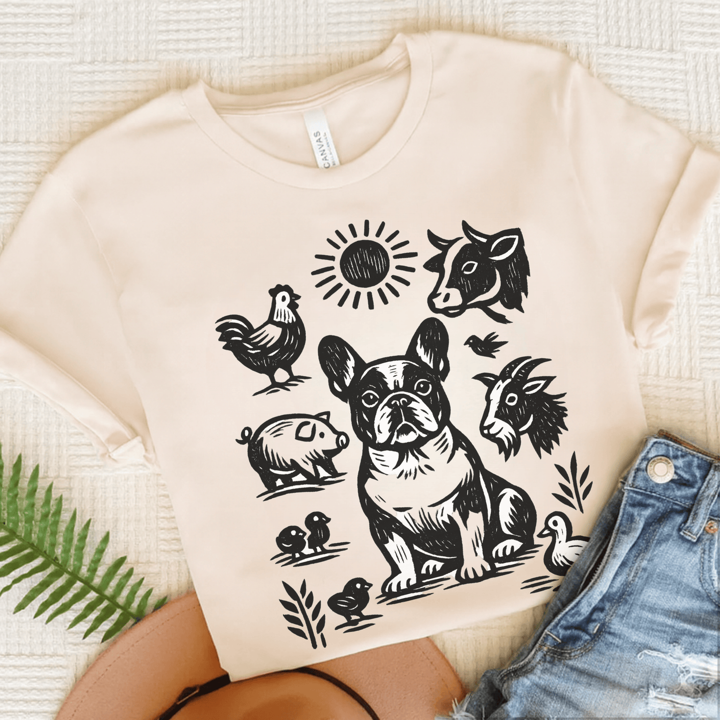 French Bulldog Linocut Farm Animals Unisex TShirt Natural