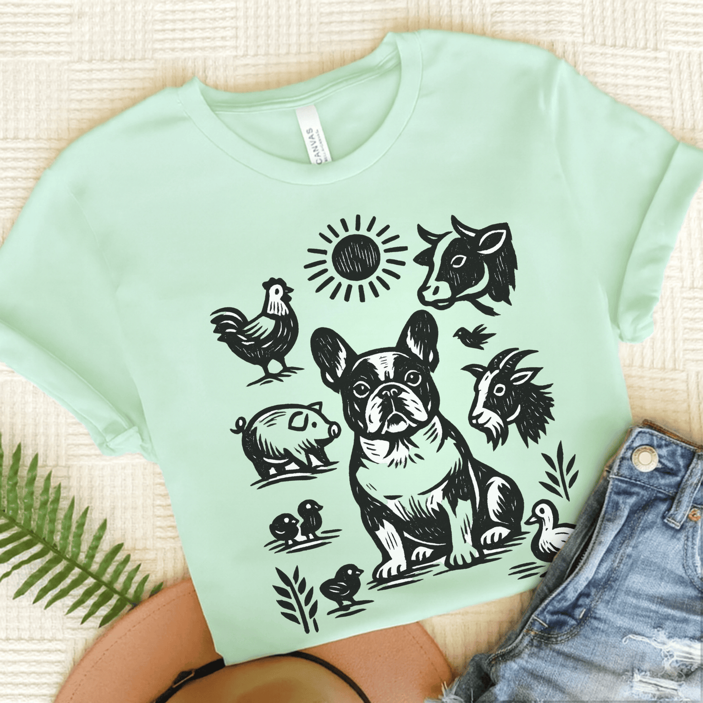 French Bulldog Linocut Farm Animals Unisex TShirt Heather Mint