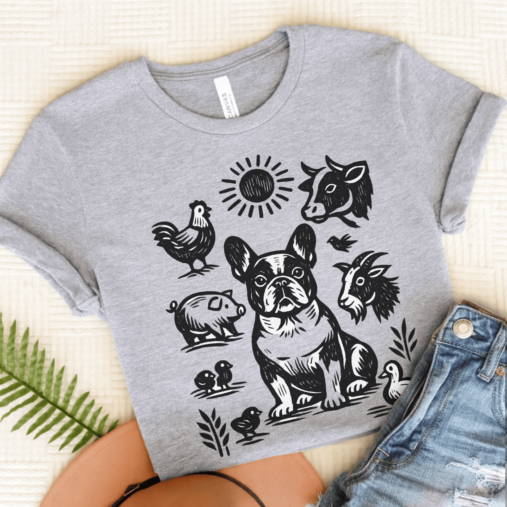 French Bulldog Linocut Farm Animals Unisex TShirt Athletic Heather