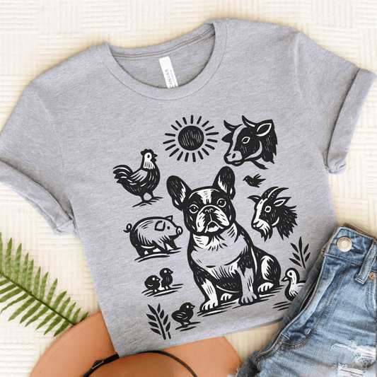 French Bulldog Linocut Farm Animals Unisex TShirt Athletic Heather
