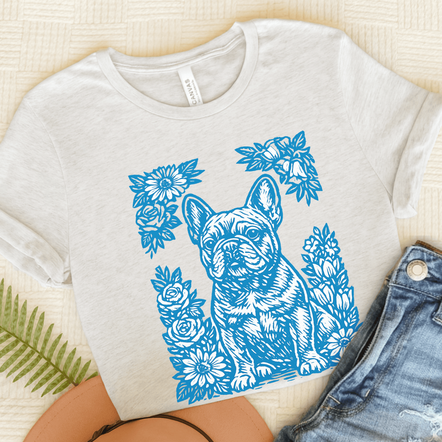 French Bulldog Linocut Garden Unisex TShirt Ash