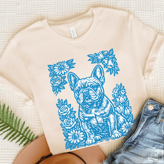 French Bulldog Linocut Garden Unisex TShirt Natural