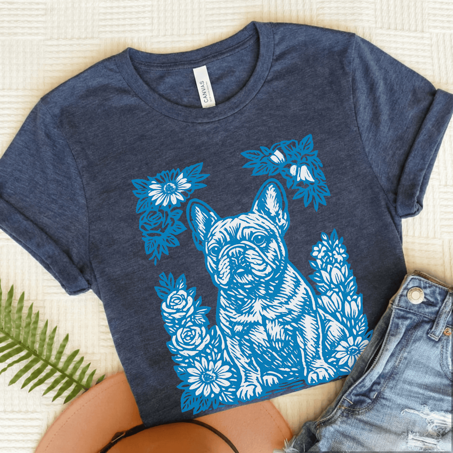 French Bulldog Linocut Garden Unisex TShirt Heather Navy