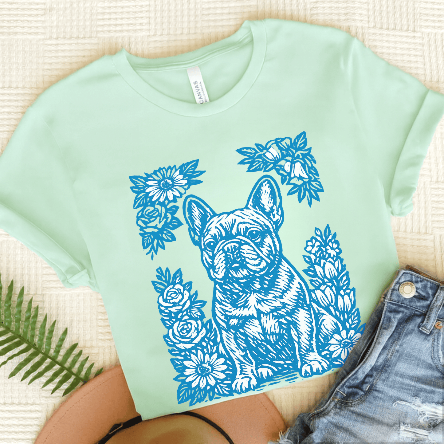 French Bulldog Linocut Garden Unisex TShirt Heather Mint