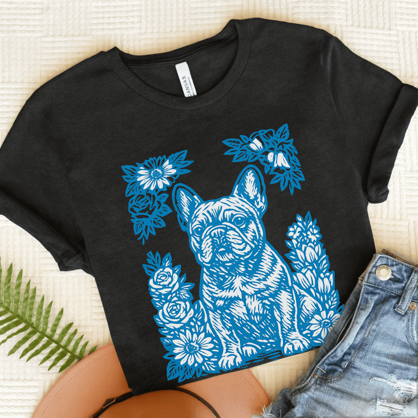 French Bulldog Linocut Garden Unisex TShirt Dark Grey Heather