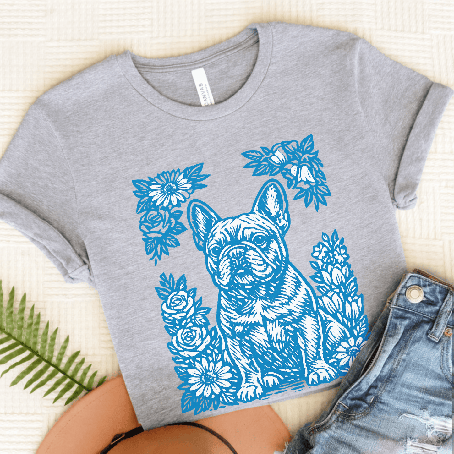 French Bulldog Linocut Garden Unisex TShirt Athletic Heather