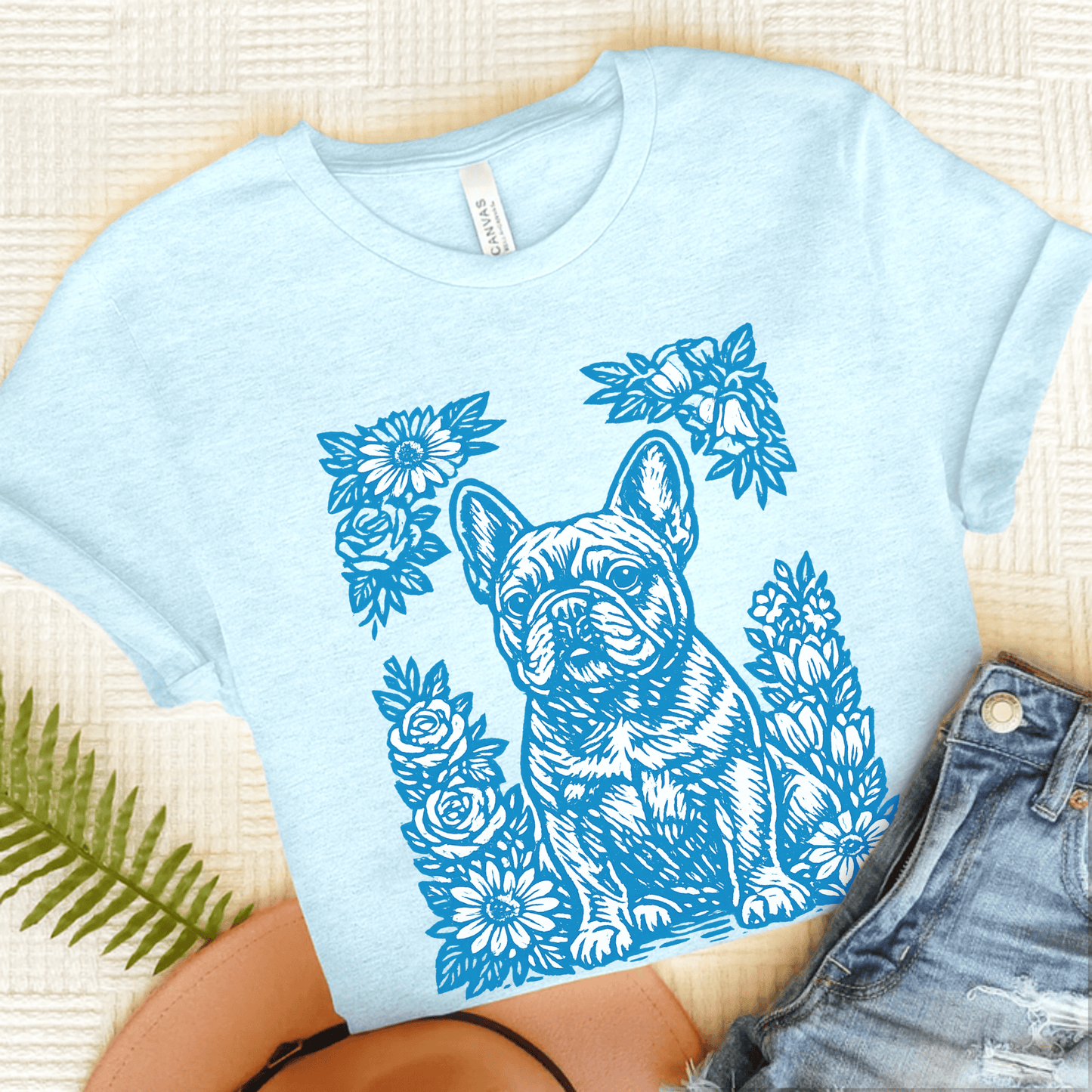 French Bulldog Linocut Garden Unisex TShirt Heather Ice Blue