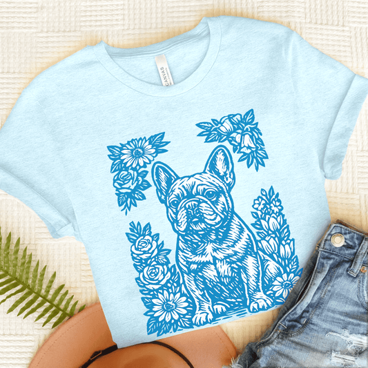 French Bulldog Linocut Garden Unisex TShirt Heather Ice Blue
