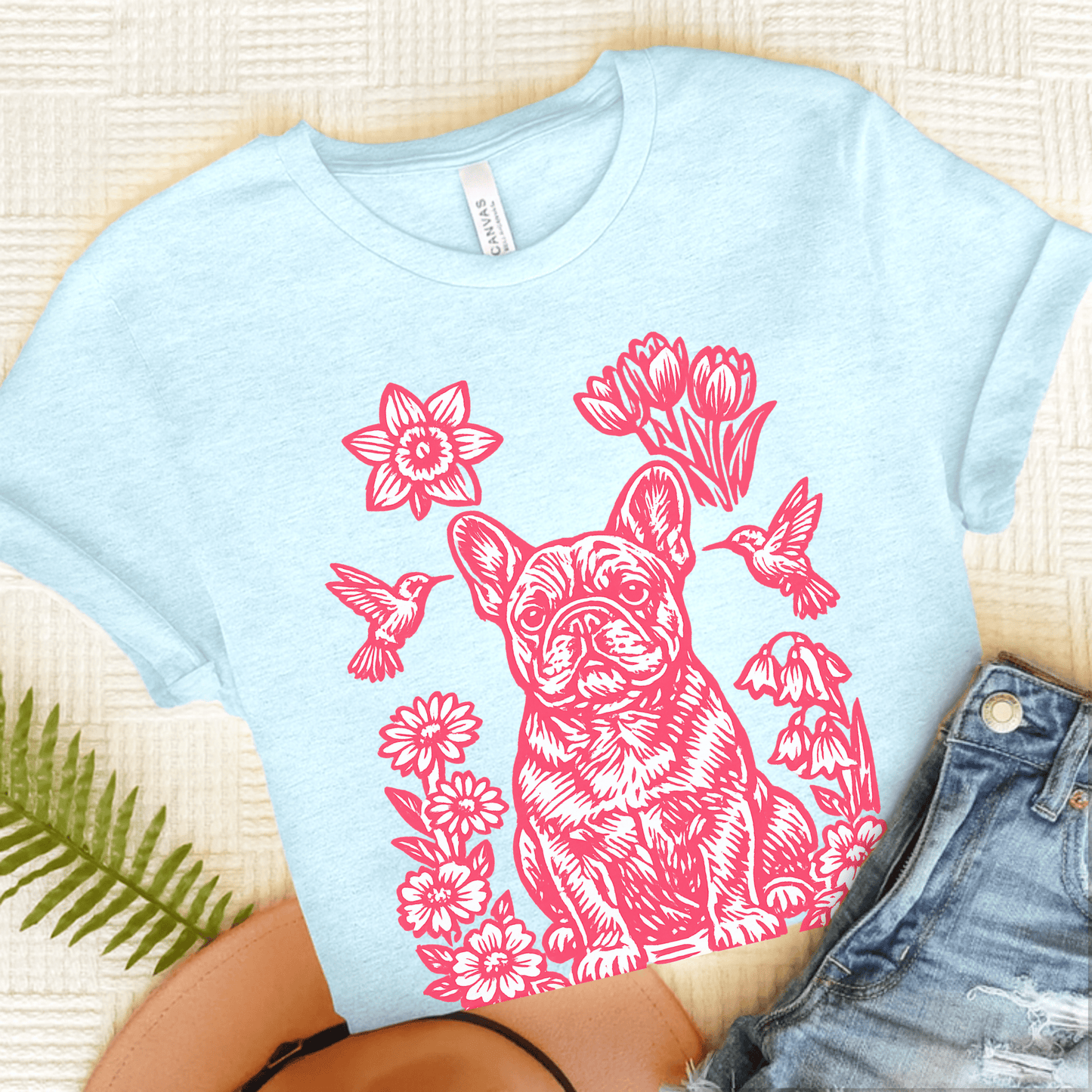 French Bulldog Linocut Hummingbirds Unisex TShirt Heather Ice Blue