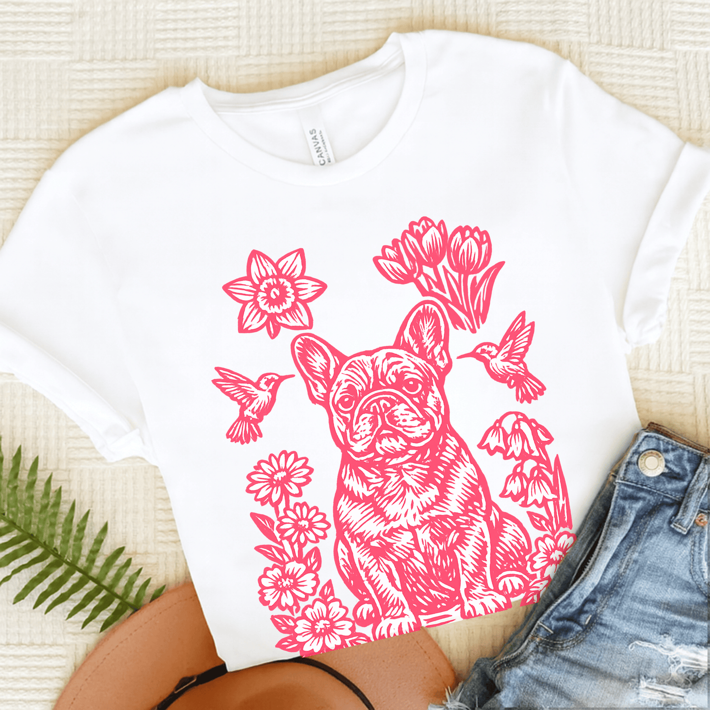 French Bulldog Linocut Hummingbirds Unisex TShirt White