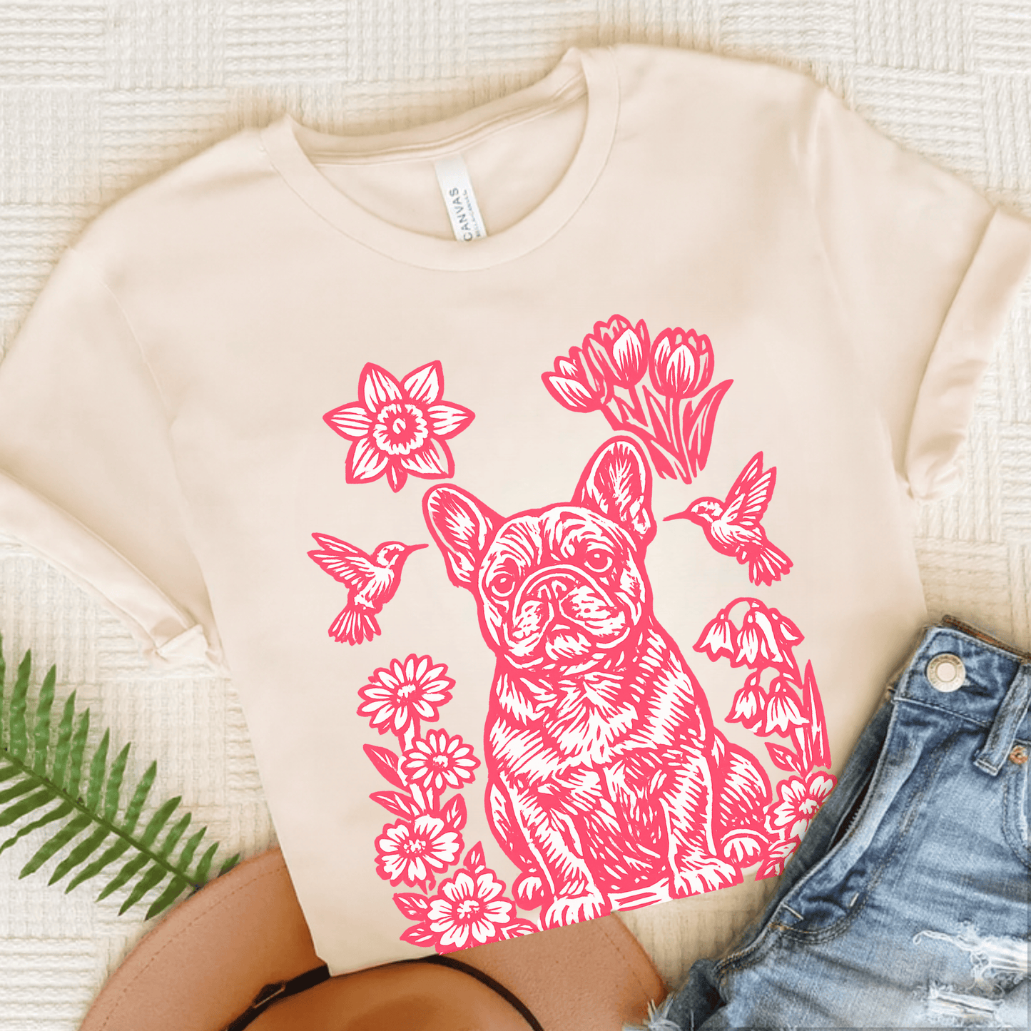 French Bulldog Linocut Hummingbirds Unisex TShirt Natural