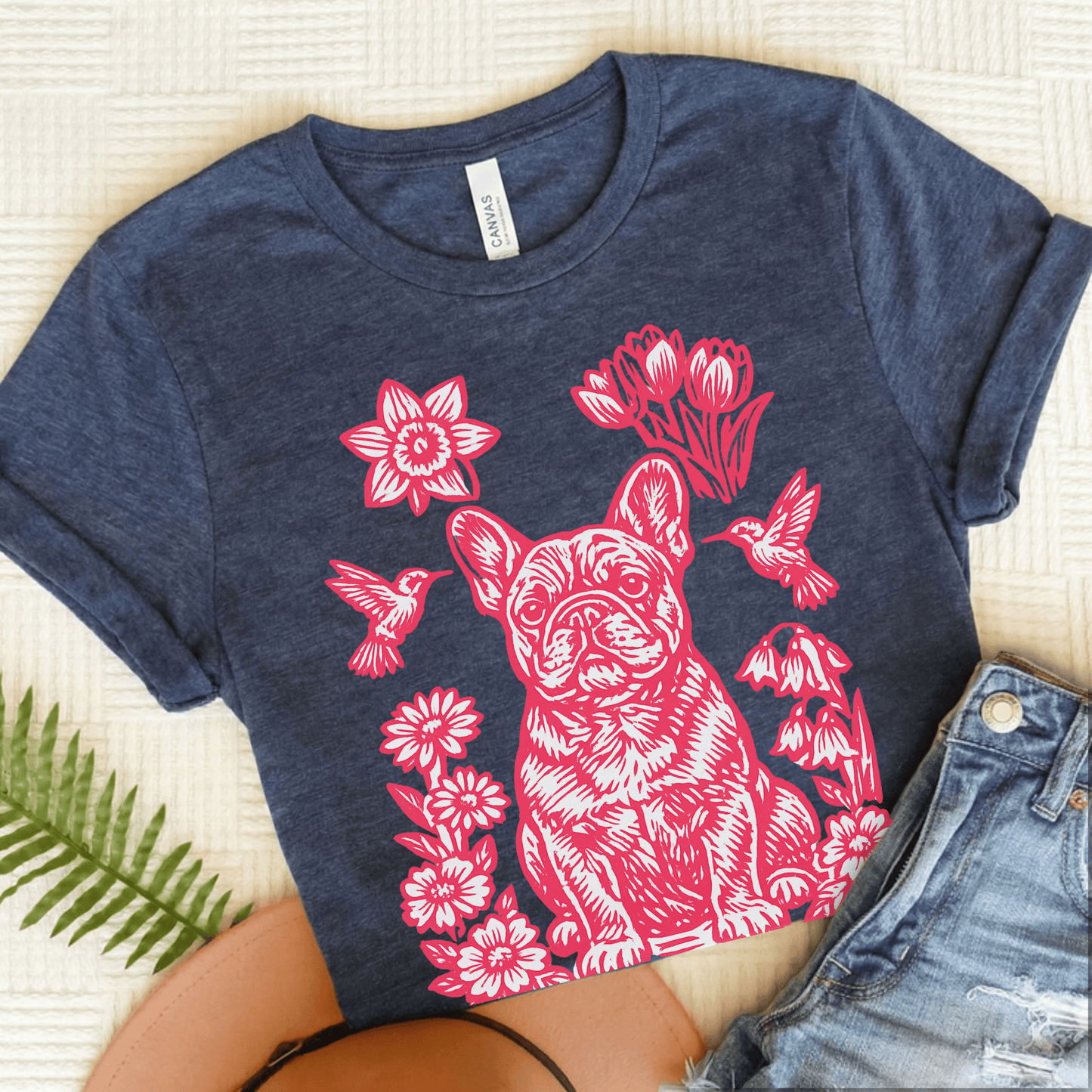 French Bulldog Linocut Hummingbirds Unisex TShirt Heather Navy